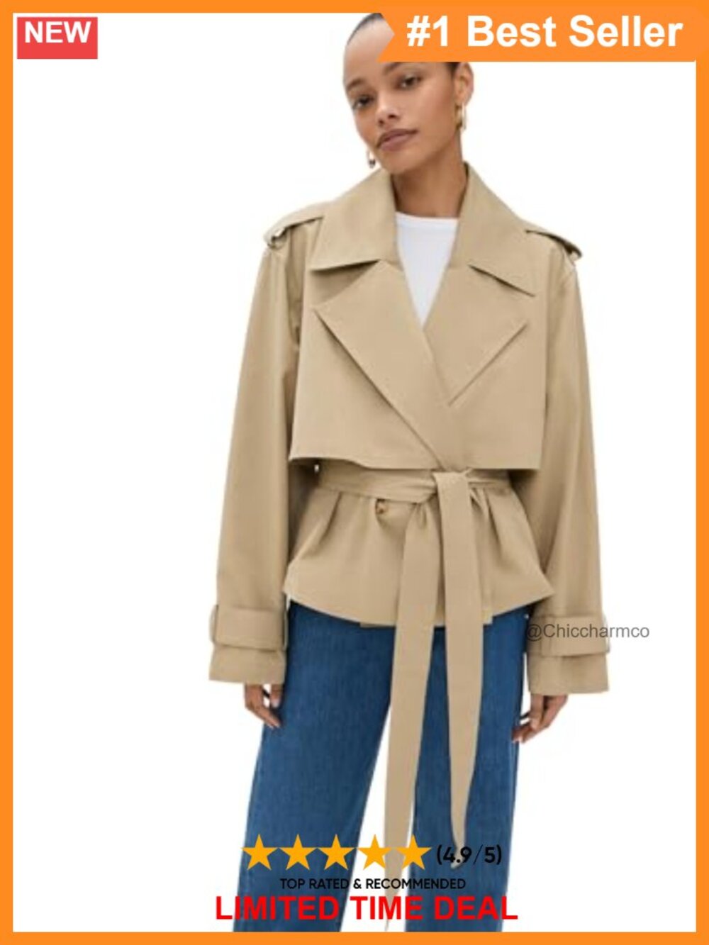 Cropped Trench Coat Oversized Collar Belted Relaxed Fit